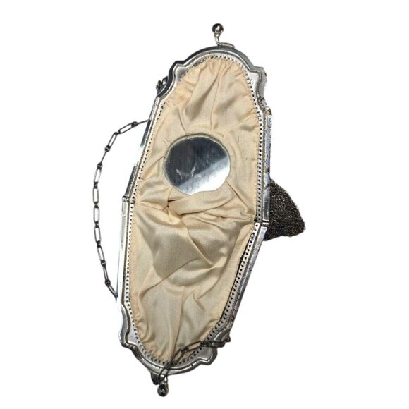 Antique 1900s Art Deco Whiting‎ & Davis Purse Soldered Mesh Tassel Inside Mirror - Picture 4 of 16